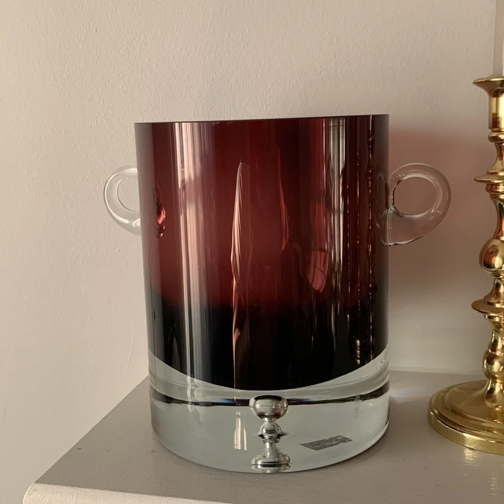 MCM Krosno Poland Block Art Glass With handles Vase‎ Purple Clear Base Bubble
